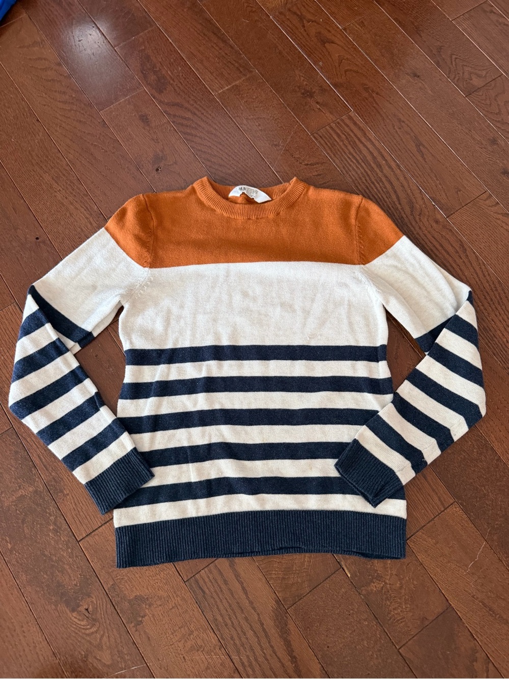 Boys Size 8-10 Fall Sweater - H&M Orange, White & Navy Striped Crewneck